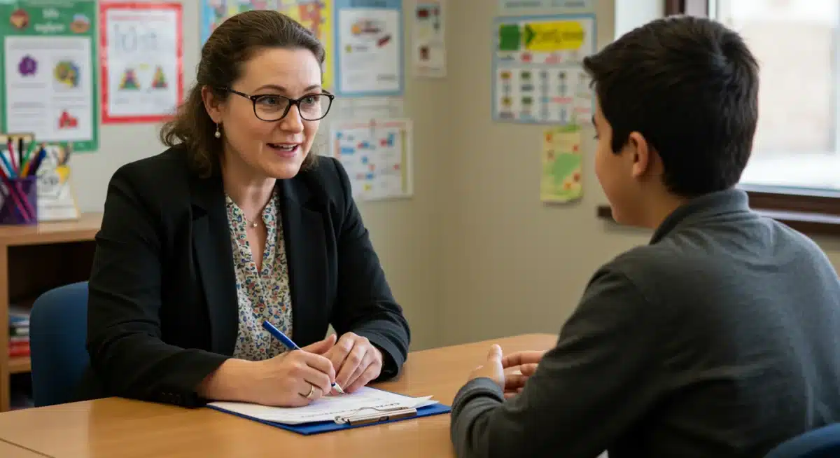 School counselor listening empathetically to a student in a private session