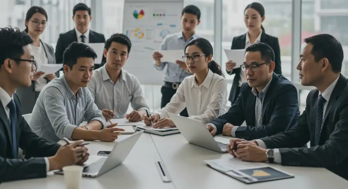 Diverse individuals discussing immigration policy, highlighting human and economic aspects.