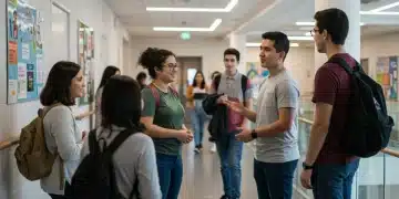 Students and educators discussing mental health support in a school hallway