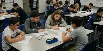 Students engaged in project-based learning, alternative assessment classroom