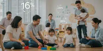 Parents and children thriving in a modern childcare setting, symbolizing financial support and benefit programs.