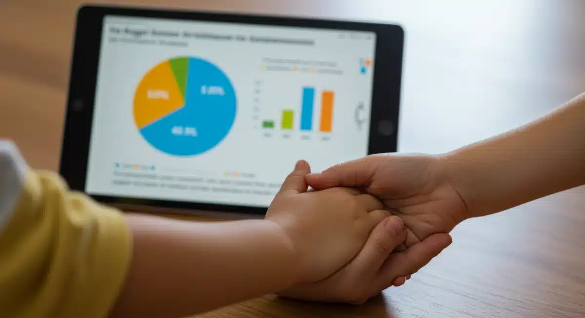 Parent and child hands with a tablet showing childcare budget and savings pie chart.