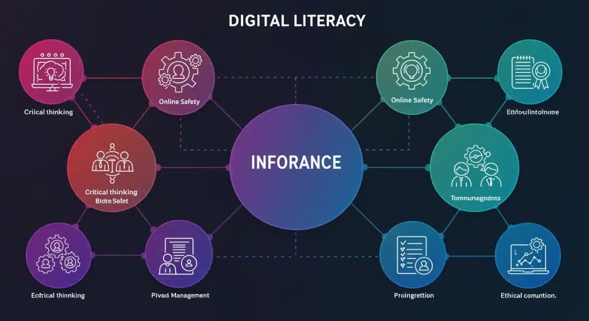 Infographic depicting interconnected digital literacy components for students