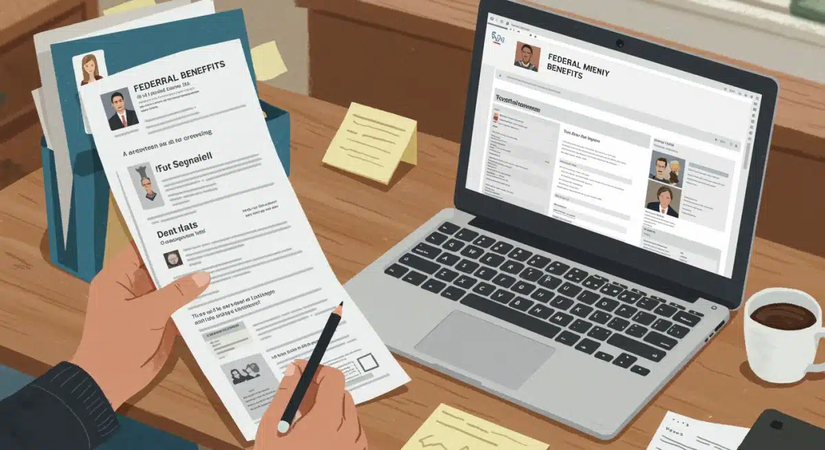 Person organizing federal benefit documents with a laptop, symbolizing proactive planning.