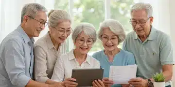 Seniors review Medicare documents on a tablet, smiling, symbolizing understanding benefits.