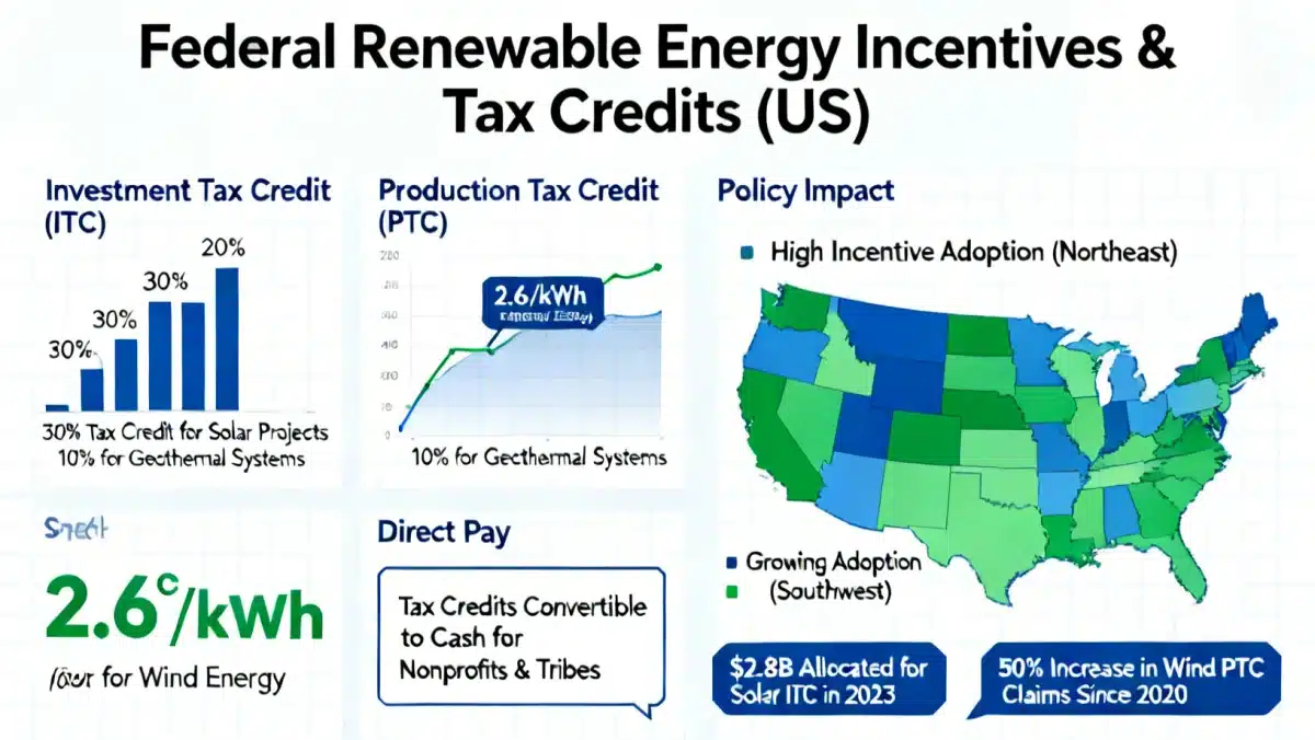 Infographic detailing federal tax credits and incentives for US renewable energy investments.
