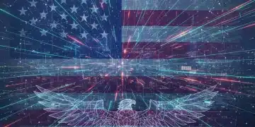 Futuristic digital battlefield with US flag, symbolizing cyber defense