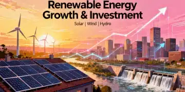 Solar panels and wind turbines with rising stock charts, symbolizing renewable energy investment growth in the US.