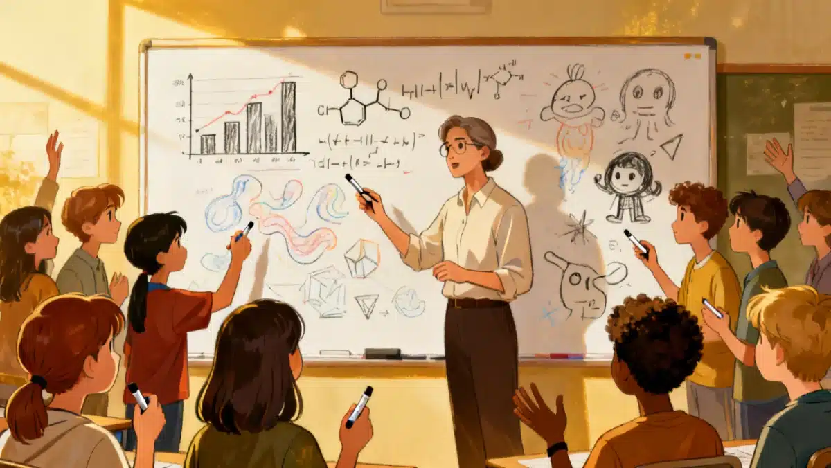 Educator guiding students in interdisciplinary brainstorming session with STEM and Arts concepts