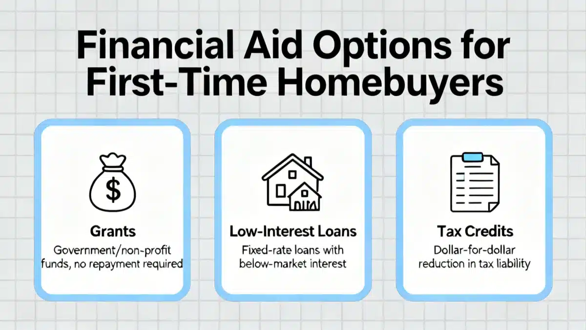 Infographic showing diverse federal financial aid and grant options for first-time homebuyers.