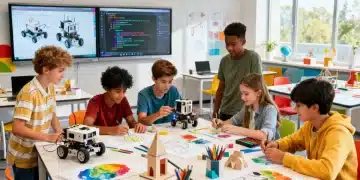 Students collaborating on a STEM and Arts integration project in a modern classroom