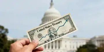 Hand holding US Treasury bond certificate with a 2026 date, US Capitol in background, symbolizing secure investment and financial stability.