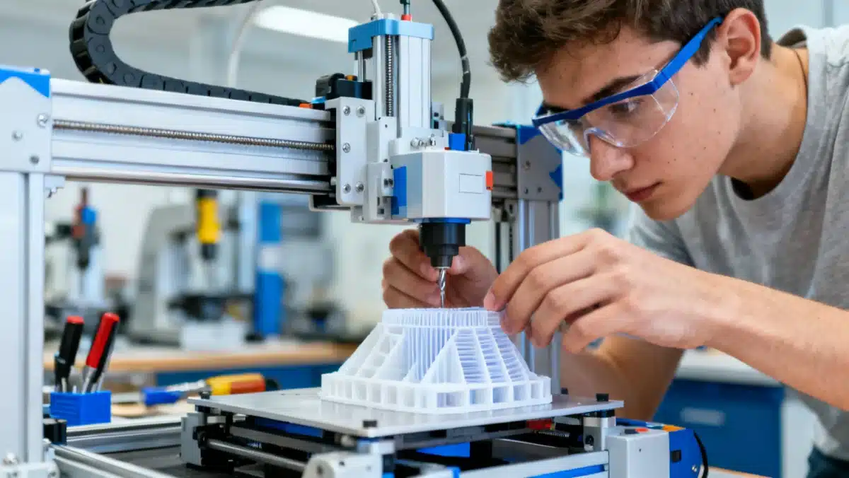 Student operating a 3D printer in advanced manufacturing vocational training.