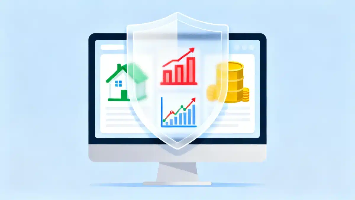 Diversified investment portfolio on a screen with a protective shield icon.