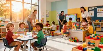 Diverse preschool children learning in a modern, bright classroom with educators.