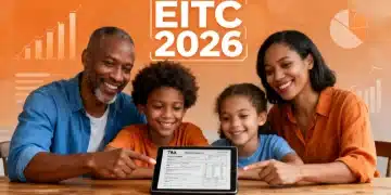 Family reviewing EITC 2026 tax documents on a tablet, smiling together.