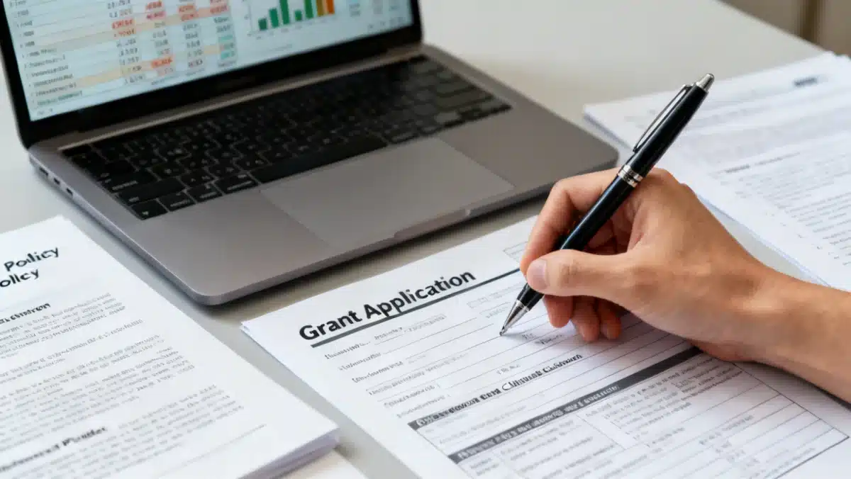 Hand completing a grant application for early childhood education funding.