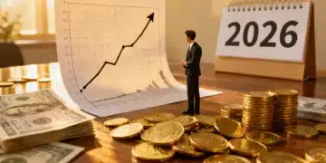 Financial graph showing growth, gold coins, and a person planning for 2026 inflation.