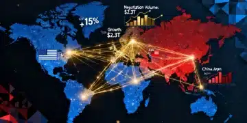 Digital map showing trade routes between the US and Asia, symbolizing new agreements.