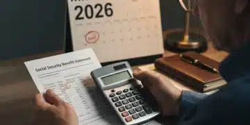 Hands calculating 2026 Social Security benefits with a calculator and statement