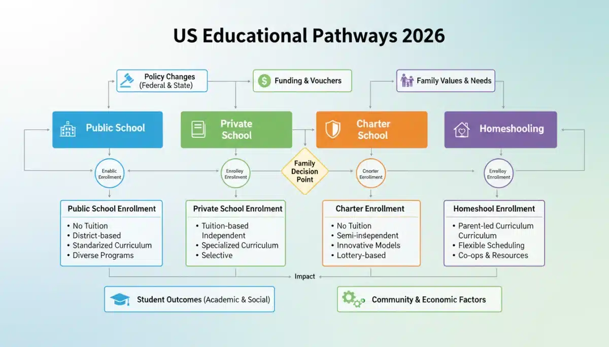 Infographic showing various educational pathways and school choice options for US families in 2026.