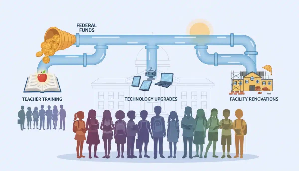Visualization of federal funds impacting K-12 education areas like teacher development and technology.