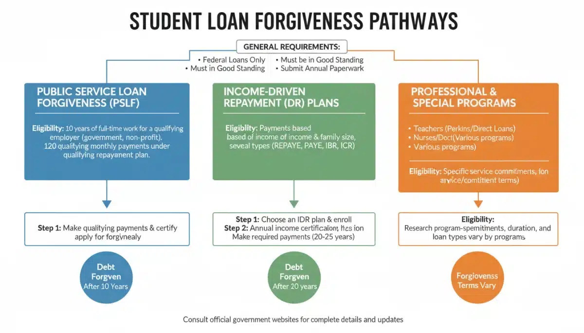 Infographic detailing various student loan forgiveness pathways and their eligibility requirements for 2026.