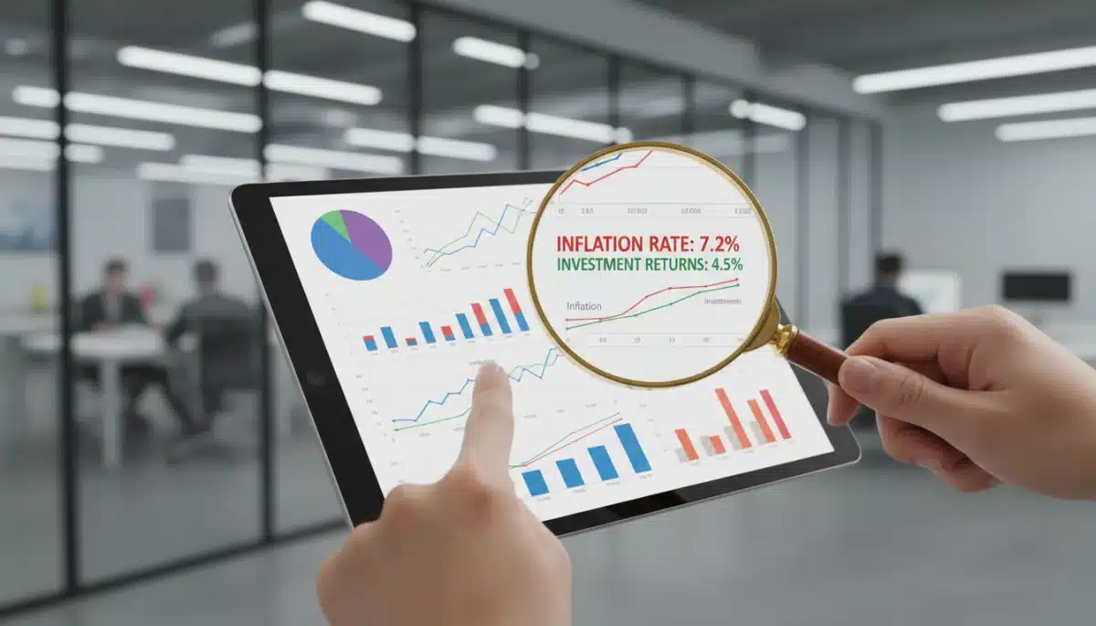 Analyzing financial charts on a tablet, focusing on inflation and investment returns.