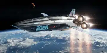 Futuristic NASA spacecraft launching for Mars in 2026