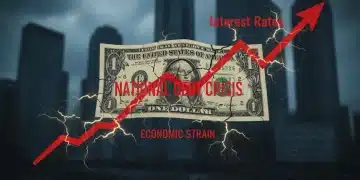 Graph showing rising interest rates and a distressed US dollar bill, symbolizing the 2026 national debt crisis and economic strain.