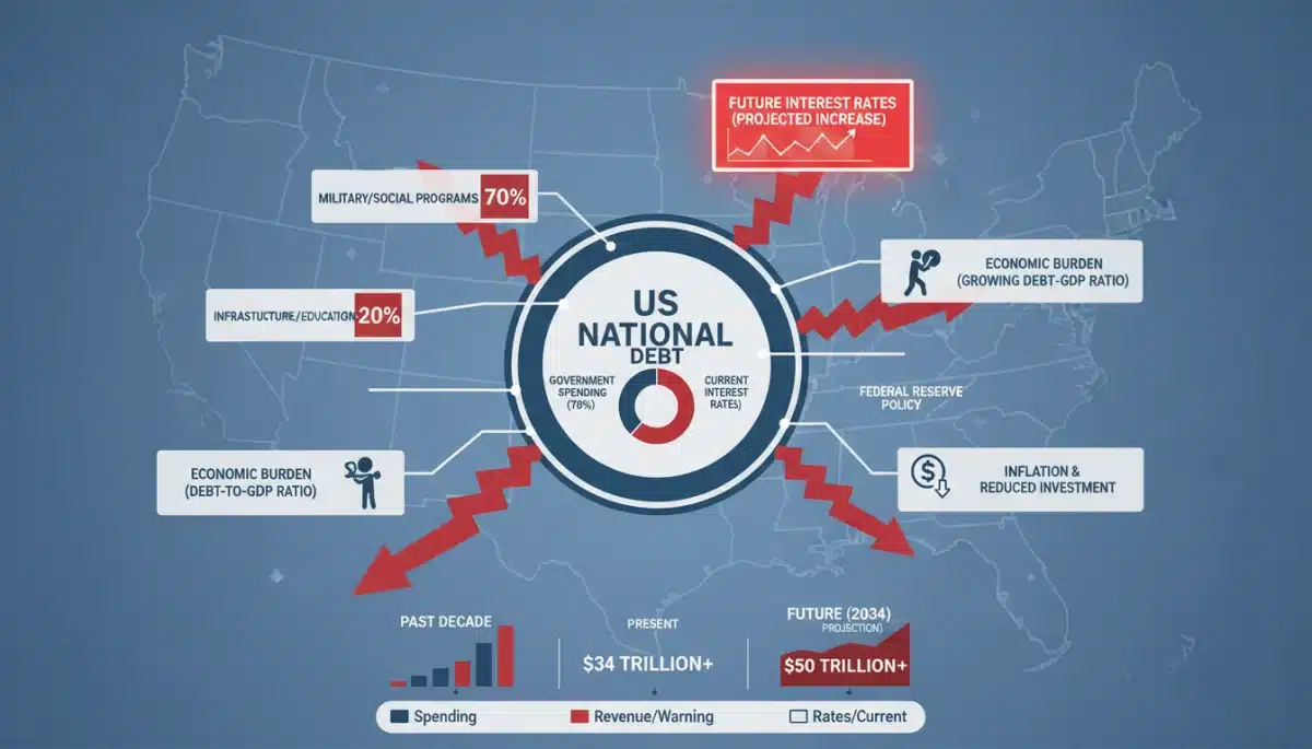 Infographic detailing US national debt components and projections for rising interest rates in 2026.