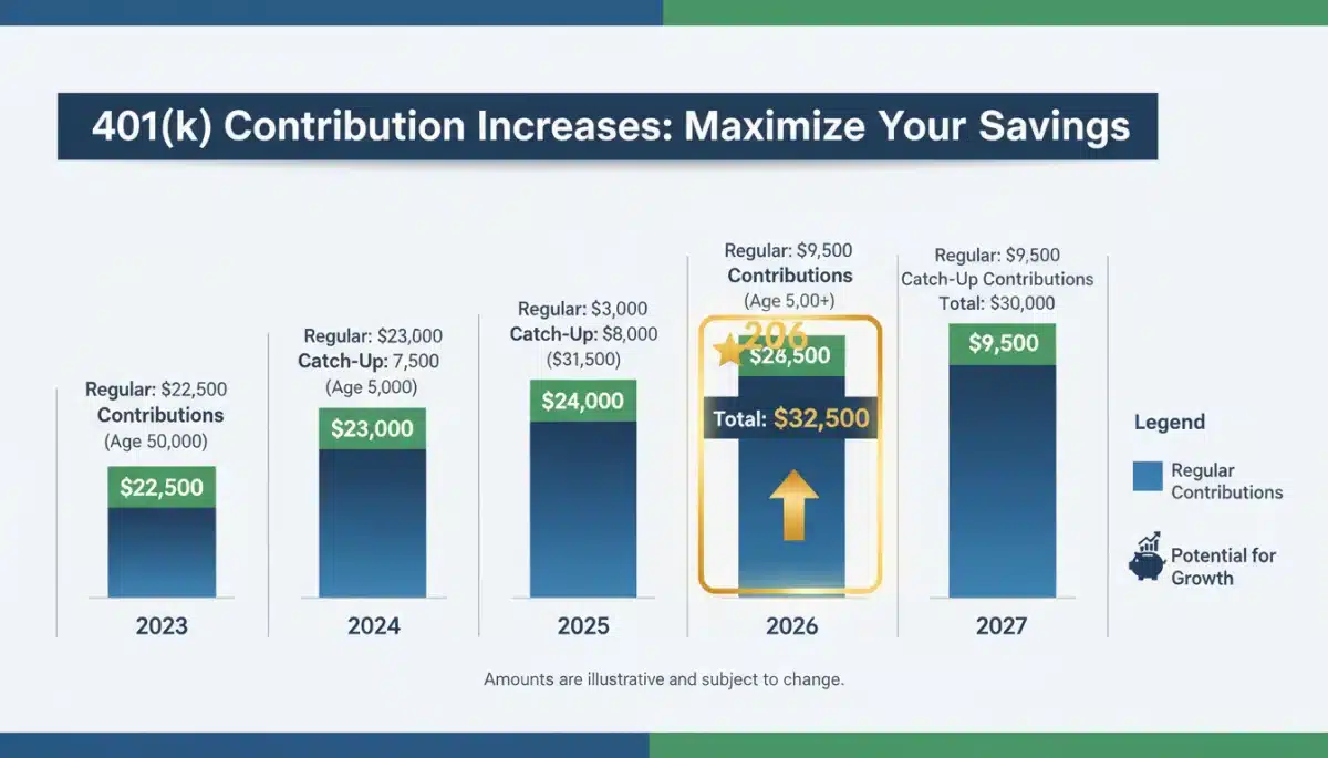 Infographic showing 401(k) contribution limits and growth for 2026