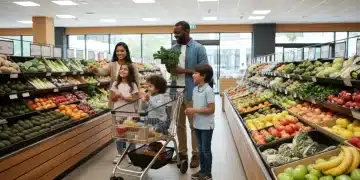 Family grocery shopping, symbolizing food security and access to healthy options.