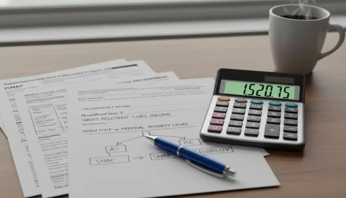 Calculator and financial documents for SNAP benefit calculation.