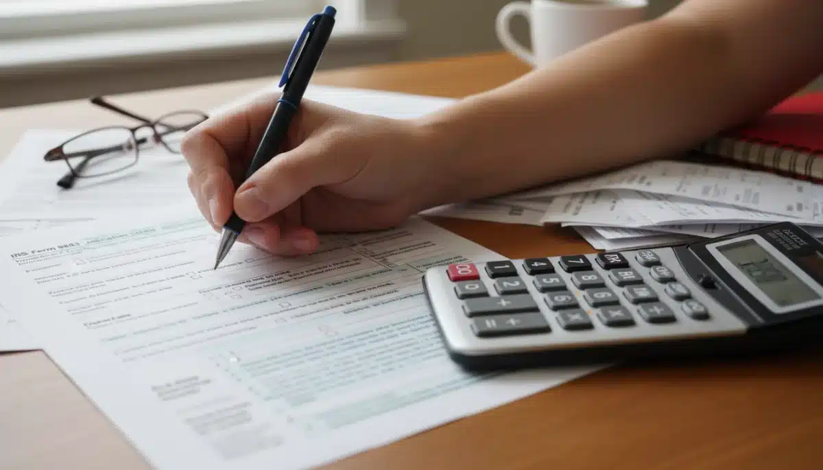 Hand filling out tax form for education credits