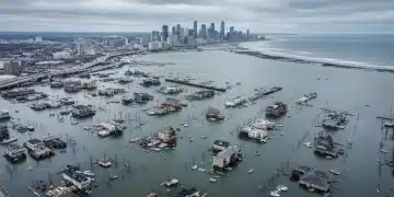 Coastal US city partially submerged by rising sea levels, illustrating future climate change