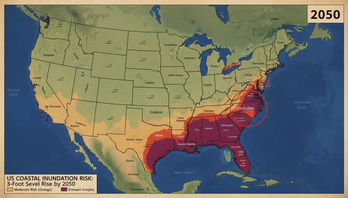 Map showing US coastal vulnerability to 3-foot sea level rise by 2050