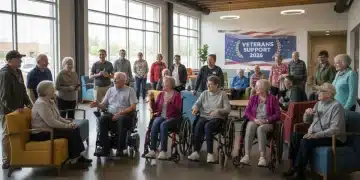 Diverse group of veterans connecting in a community center, symbolizing support.
