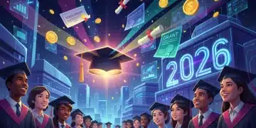 Diverse students celebrating graduation with symbols of financial aid and scholarships