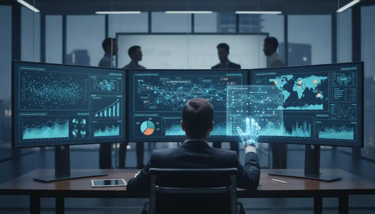 Professional analyzing complex data dashboards with AI insights