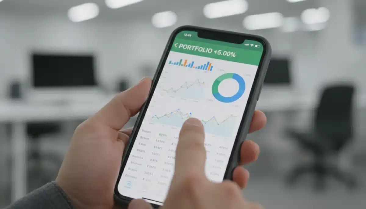 Smartphone displaying crypto portfolio with 5% gain and market trends, illustrating investment strategy.