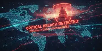 Digital alert over federal government buildings, symbolizing a major cybersecurity breach.