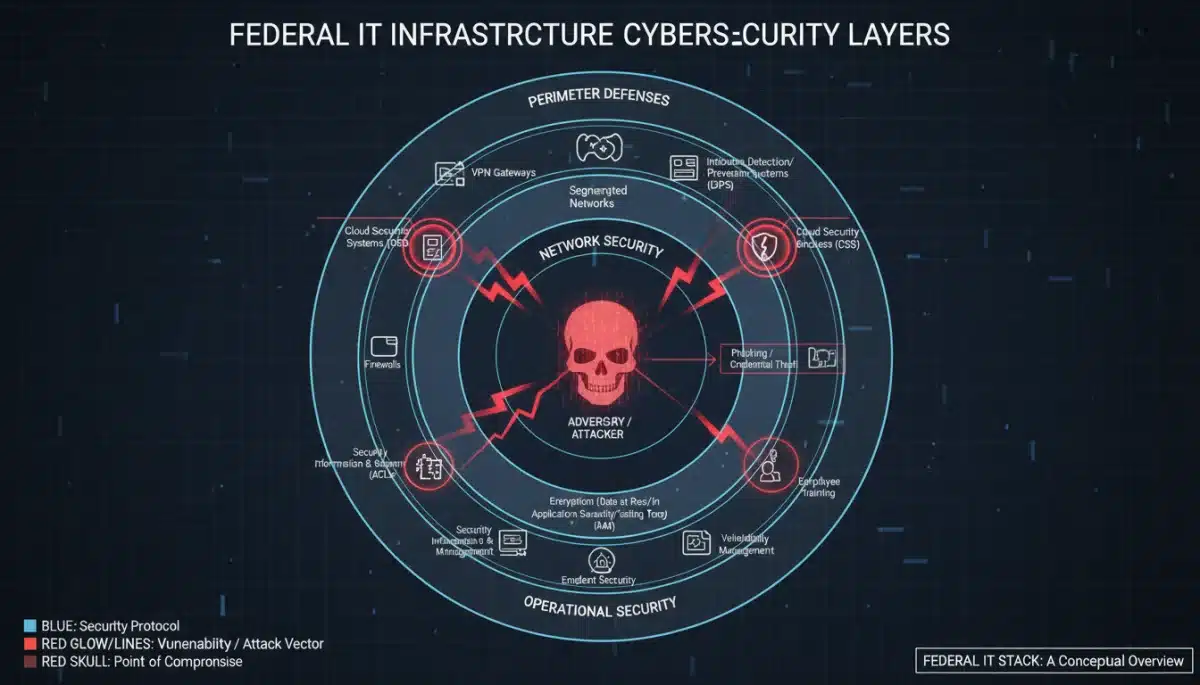 Diagram showing federal IT infrastructure with highlighted cybersecurity vulnerabilities.