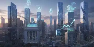 Futuristic digital currency landscape above US financial district by 2026, symbolizing crypto growth