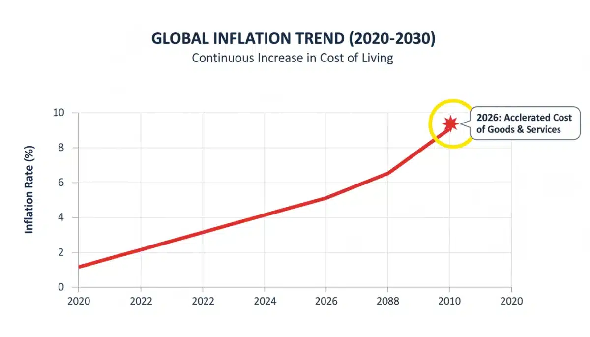 Inflation trend line graph showing rising costs up to 2026, impacting COLA