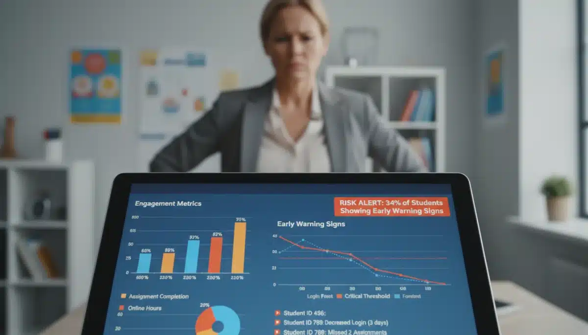 Data analytics dashboard showing student engagement and retention metrics.