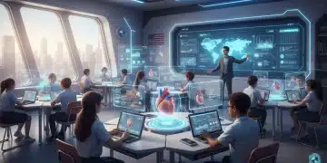 Students and teachers engaging with AI-powered learning tools in a modern US classroom by 2026.