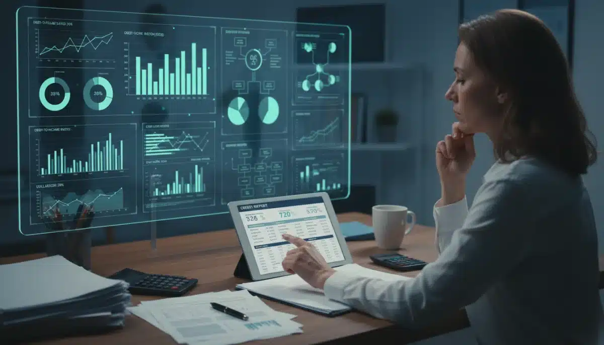 Person analyzing credit report on tablet for financial planning