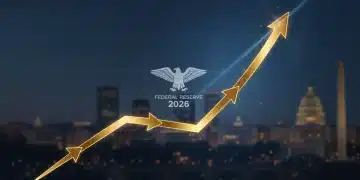 Federal Reserve building with economic growth chart and 2026 year marker
