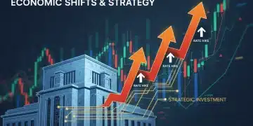 Federal Reserve building with rising interest rate arrows and market graphs.